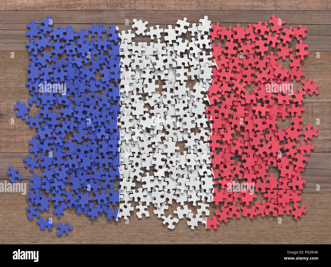 Bandiera della Francia in disorganizzato di pezzi di un puzzle. Foto Stock