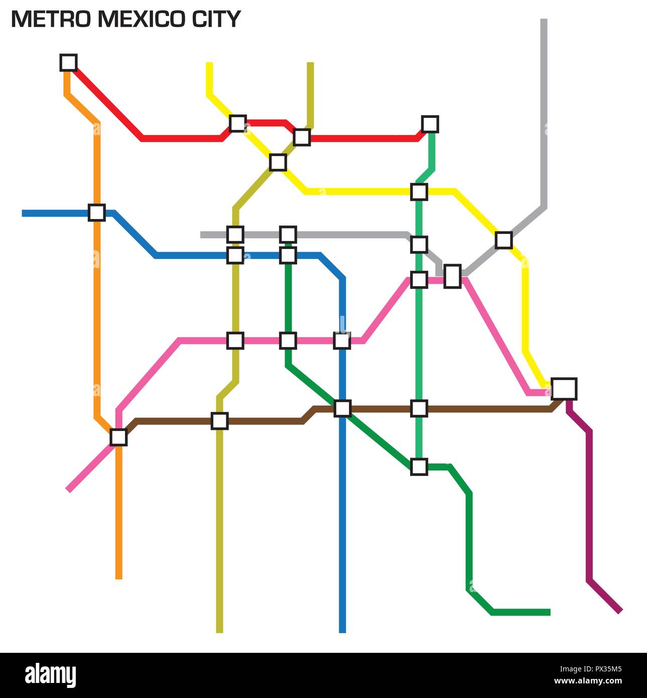 Illustrazione Vettoriale della metropolitana di Città del Messico mappa. Illustrazione Vettoriale