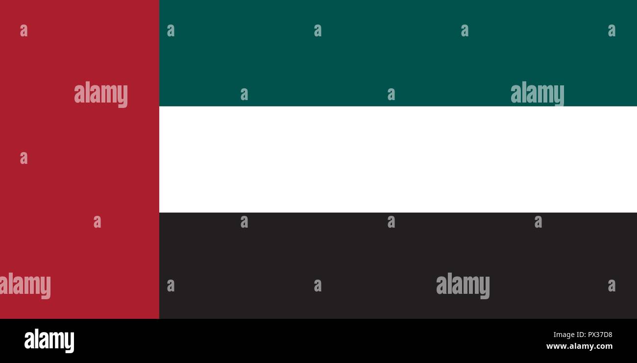 Immagine vettoriale per la Bandiera degli Emirati Arabi Uniti. Sulla base del funzionario e esatta bandiera DEGLI EMIRATI ARABI UNITI dimensioni (2:1) & colori (187C, 330C, bianco e nero) Illustrazione Vettoriale