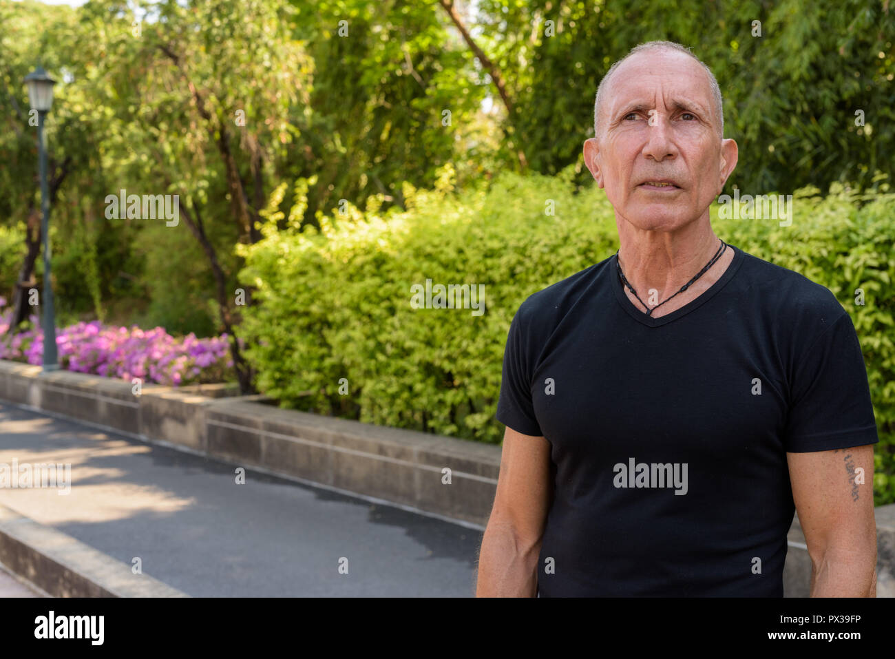 Bald senior tourist uomo contro la vista del parco tranquillo a Bangkok Foto Stock
