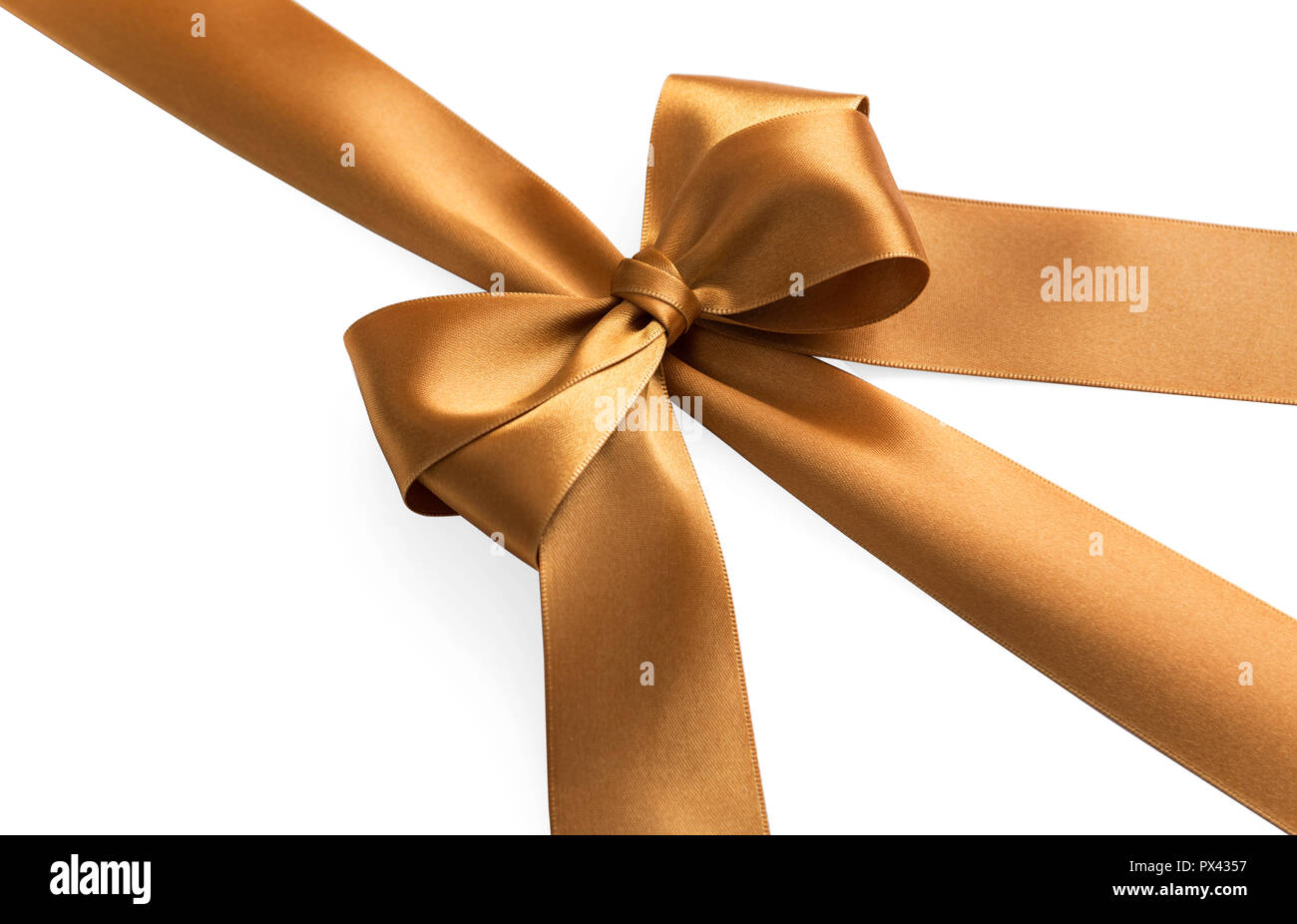 Golden bow su uno sfondo bianco. Close-up. Foto Stock