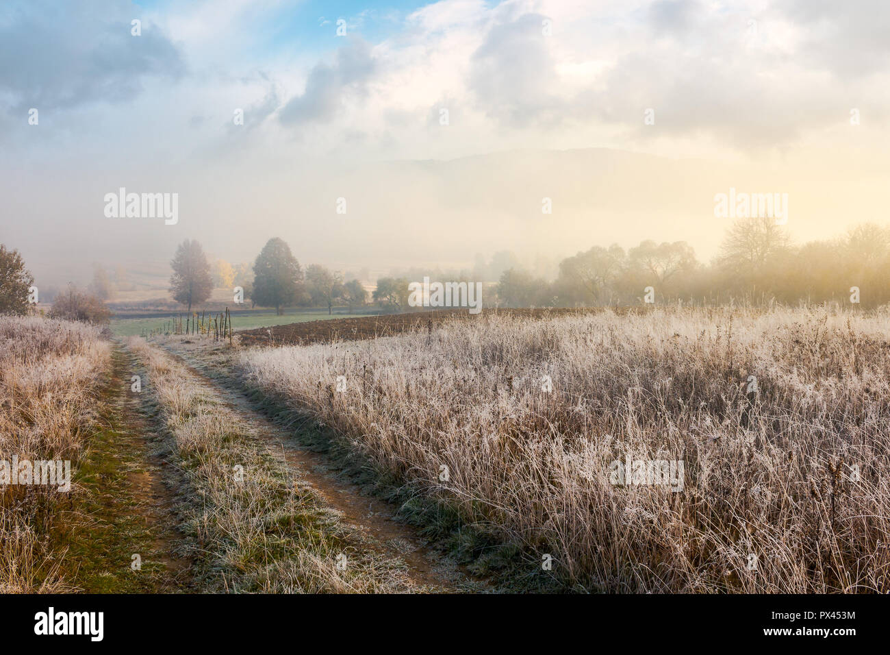 Paese strada giù per la collina a valle rurale. distante monte è visto dietro la parete di nebbia. incredibile mattina di sole meteo Foto Stock