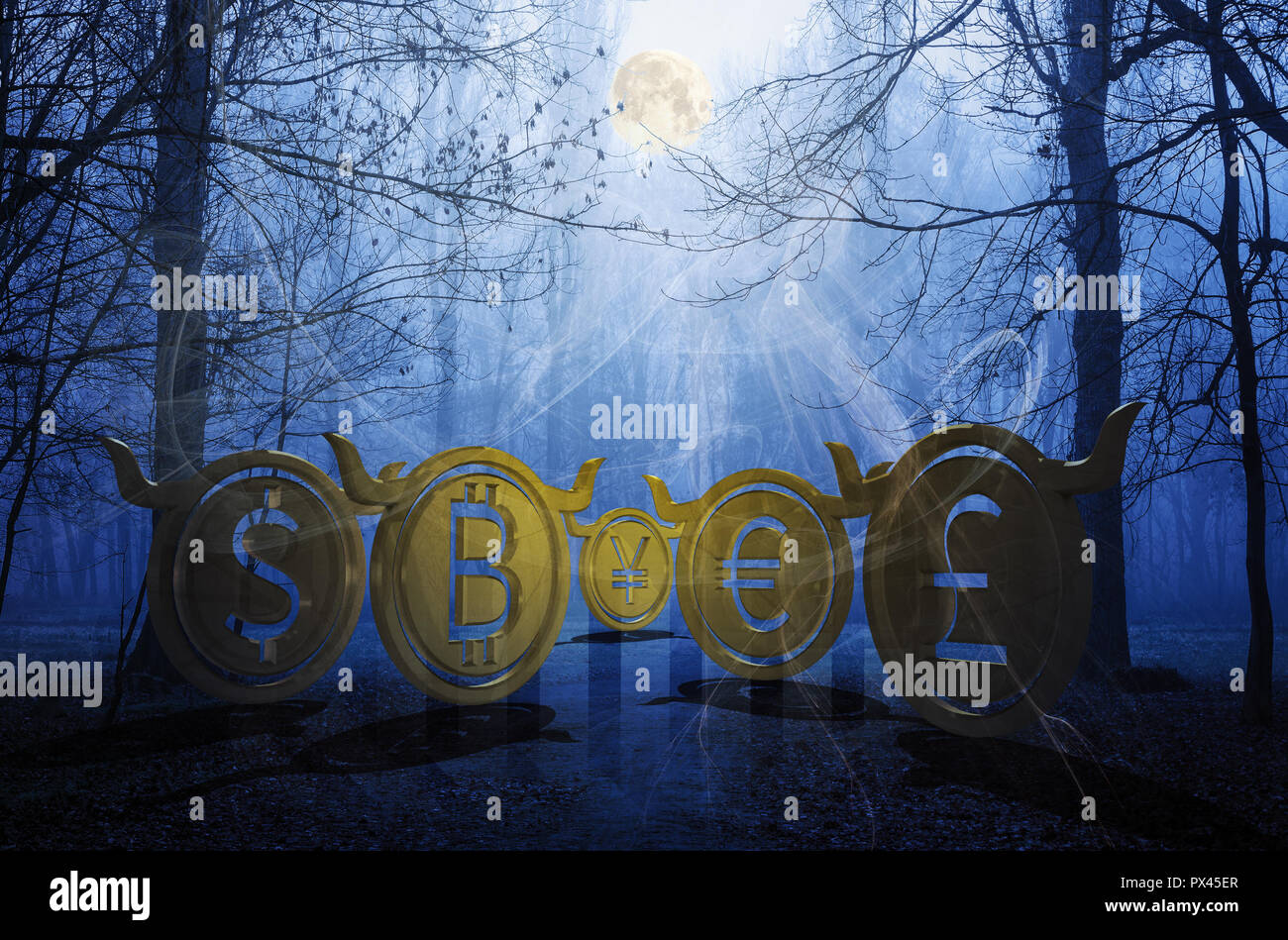 Monete rialzista nascondersi nella foresta di nebbia. luna di accumulo di energia e di attesa per lo slancio per rivelare il loro potere sul mercato. spooky Halloween crypto Foto Stock