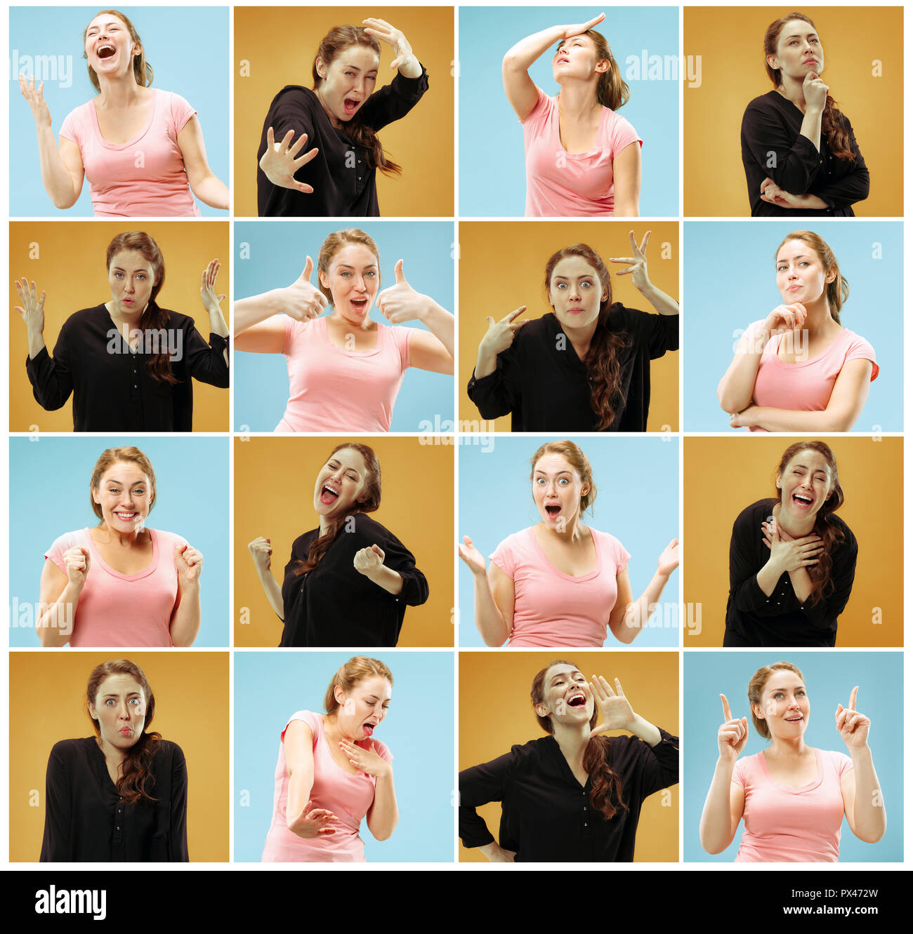 Collage di immagini della giovane donna con diverse espressioni del viso in studio Foto Stock