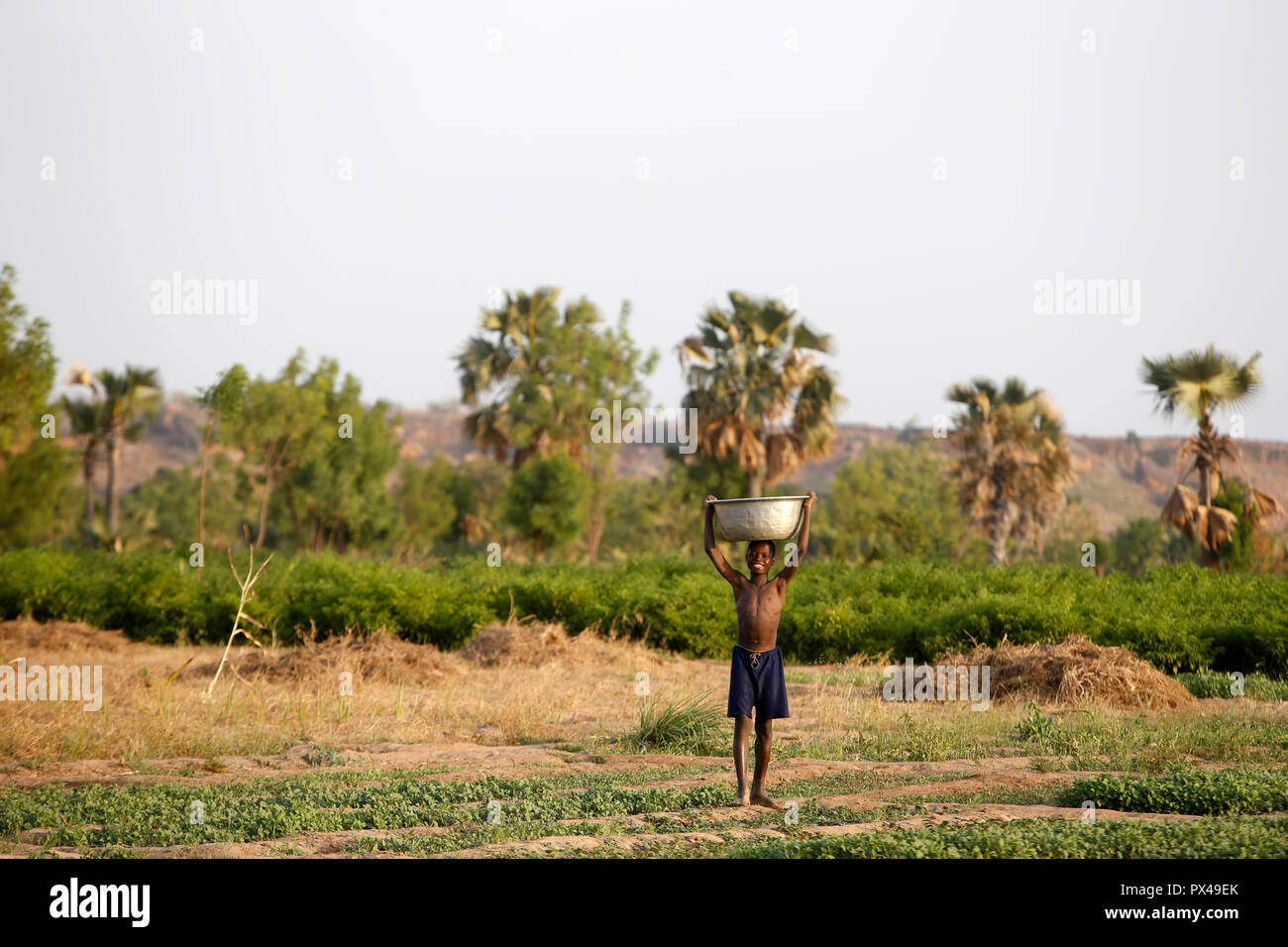 Ragazzo del Togo che trasportano acqua per irrigazione in Karsome, Togo. Foto Stock