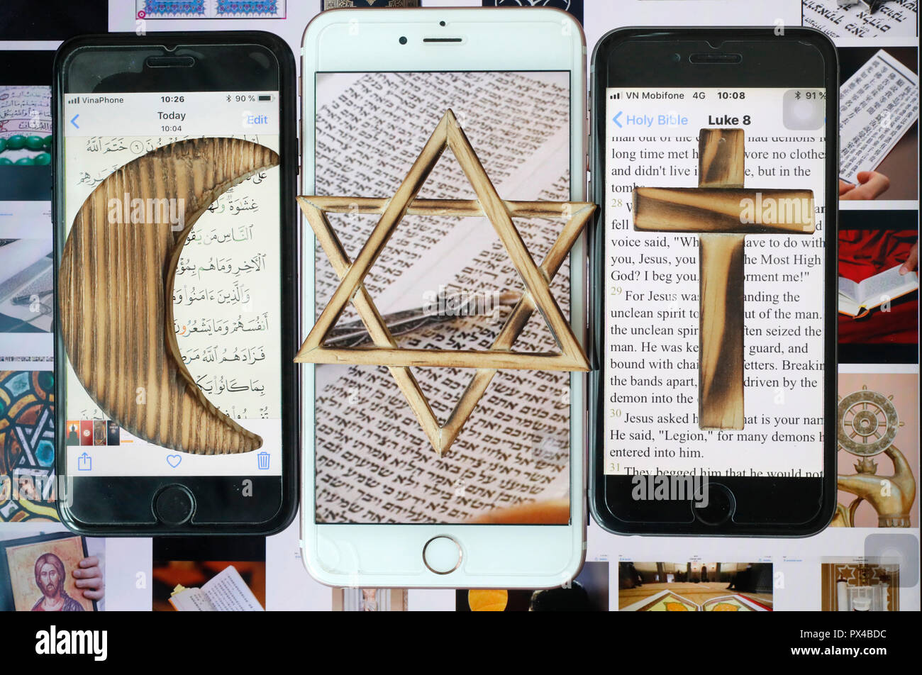 Stella ebraica, una Croce Cristiana e Musulmana e Crescent, simboli  religiosi del cristianesimo, islam ebraismo impostato su 3 smartphone con  app digitale Foto stock - Alamy