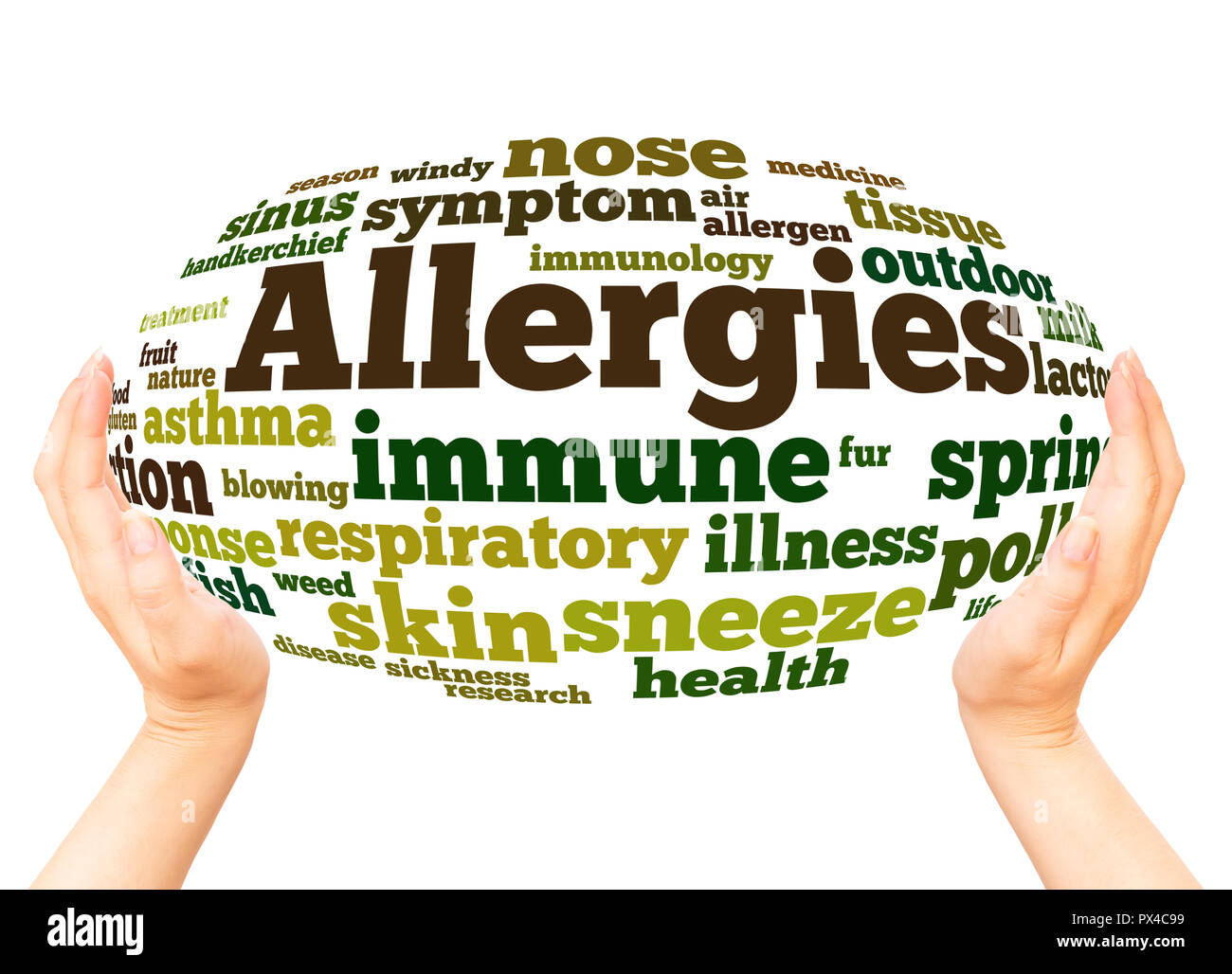 Allergie word cloud sfera mano concetto su sfondo bianco. Foto Stock