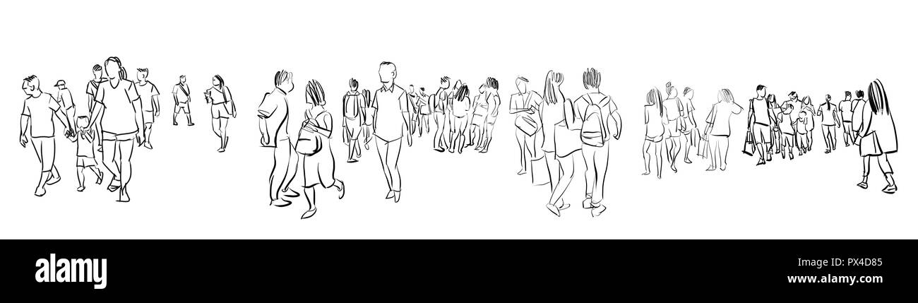 Gruppo della folla di persone a piedi inchiostro freehand Schizzo vista panorama isolati su sfondo bianco Foto Stock