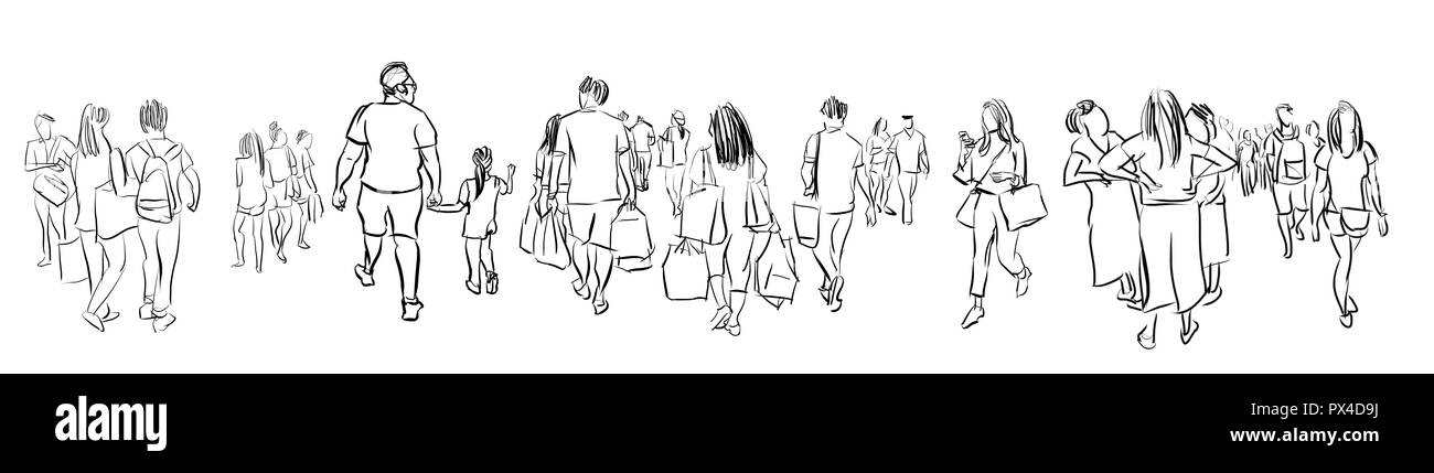 Gruppo della folla di persone a piedi inchiostro freehand Schizzo vista panorama isolati su sfondo bianco Foto Stock