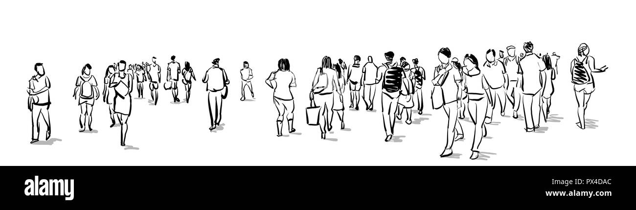Gruppo della folla di persone a piedi inchiostro freehand Schizzo vista panorama isolati su sfondo bianco Foto Stock