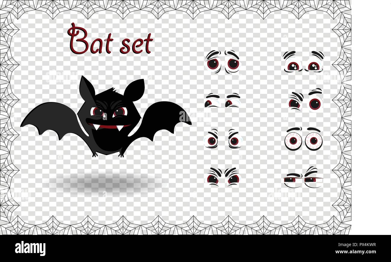 Vettore di Halloween impostato per la creazione del personaggio di kawaii black cartoon bat con zanne e emozioni diverse su sfondo trasparente incorniciato con eleganti Illustrazione Vettoriale