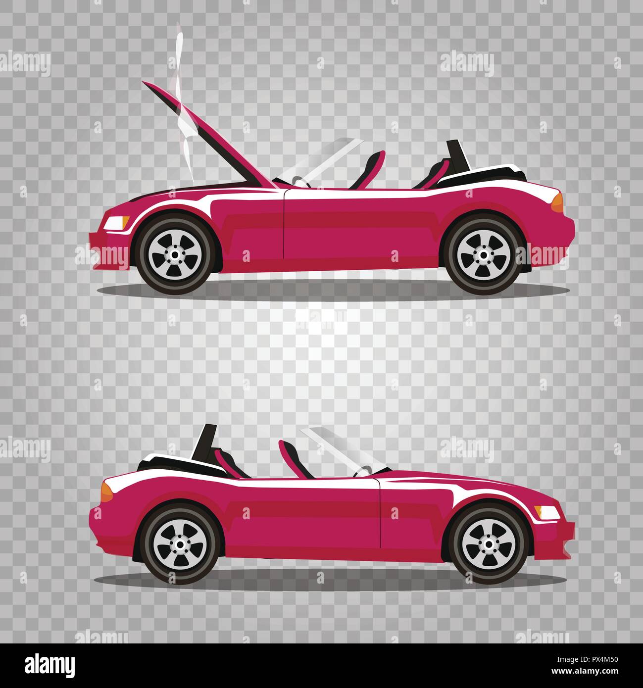 Set di vettore di rotture di rosa di lusso sport cabriolet cartoon auto con il cofano aperto coperta con il fumo. Car crash prima e dopo. Clip art illustrazione è Illustrazione Vettoriale