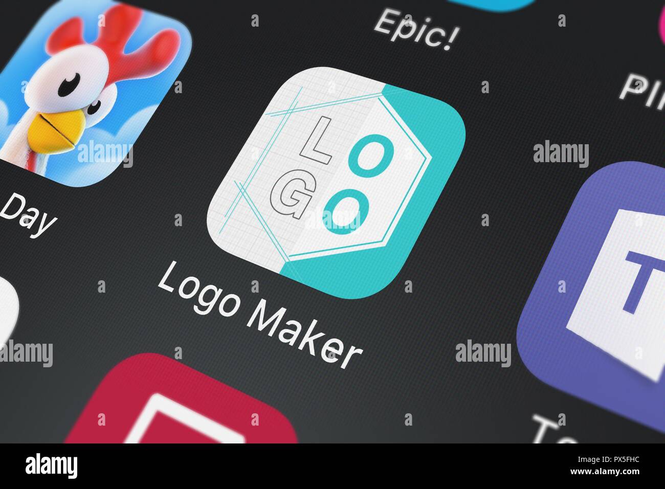 London, Regno Unito - 19 Ottobre 2018: Close-up shot del Logo Maker- Creare un design mobile app da Chue Dave. Foto Stock