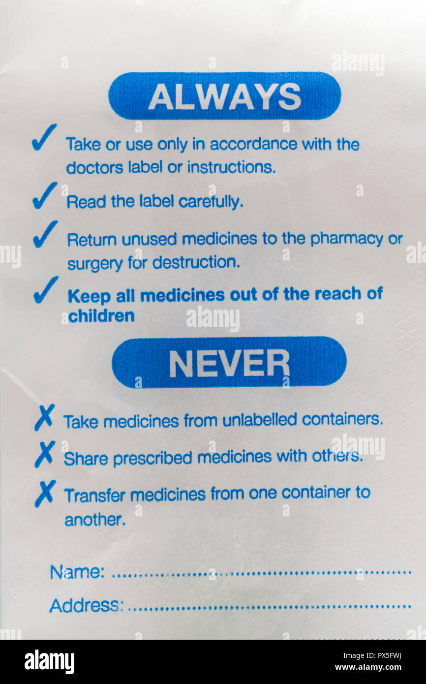 Informazioni su farmacia sacchetto di prescrizione per le azioni di fare sempre e mai di fare - DOS e Don'ts Foto Stock