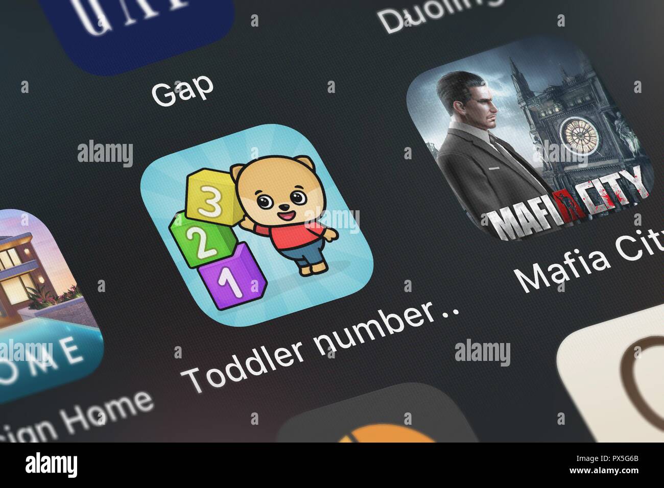 London, Regno Unito - 19 Ottobre 2018: screenshot del mobile app Toddler numero giochi per bambini da Bimi Boo Kids - Giochi per ragazzi e ragazze LL Foto Stock
