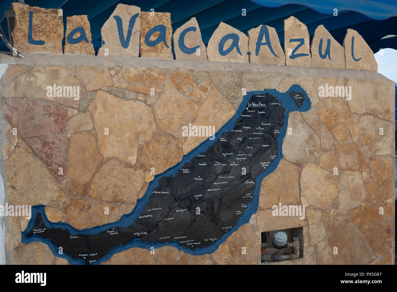 Mappa di Fuerteventura sulla parete di La Vaca Azul ristorante di pesce, El Cotillo, La Oliva, Fuerteventura, Isole Canarie, Spagna Foto Stock