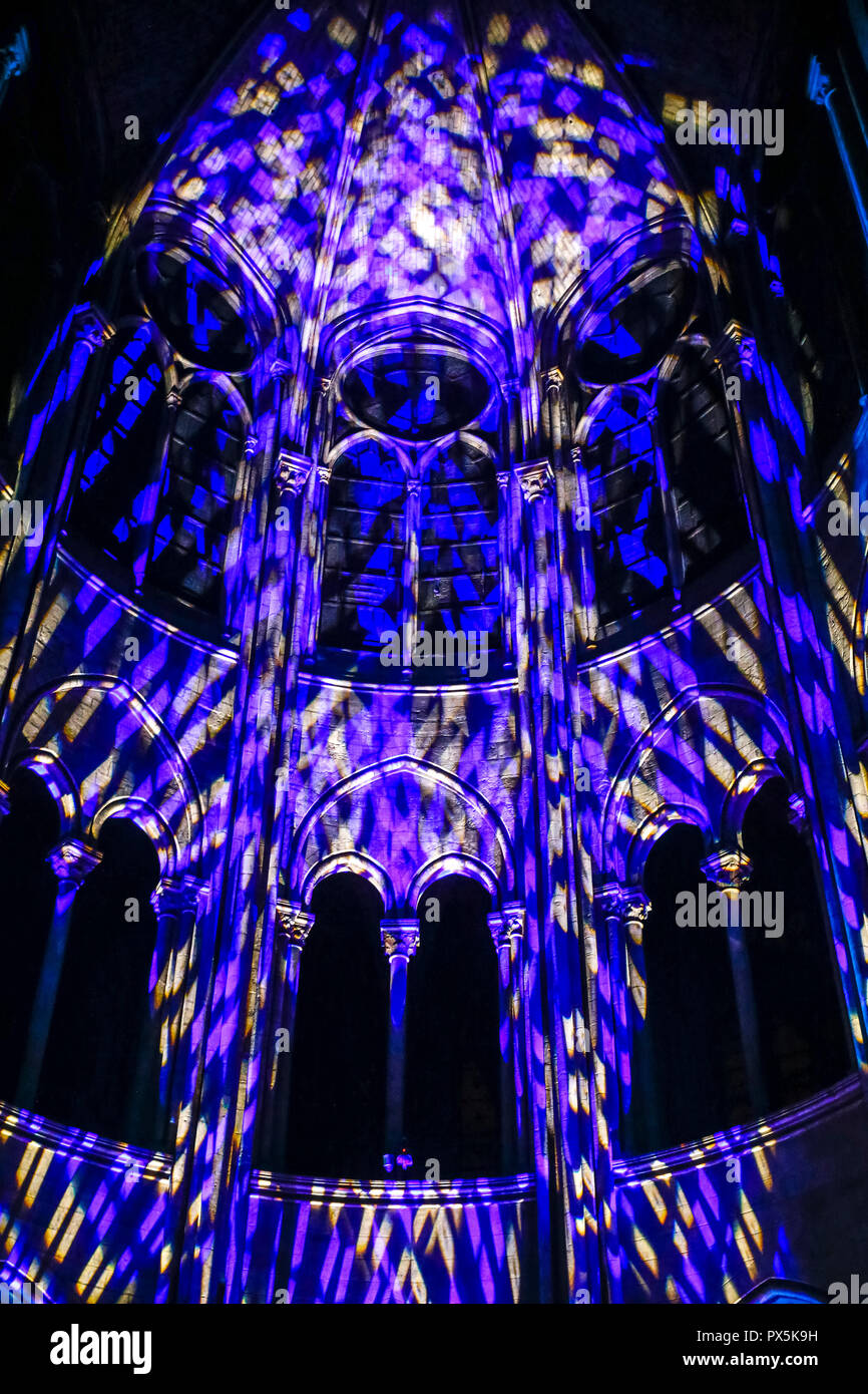 Spettacolo di suoni e luci presso la cattedrale di Notre Dame di Parigi, Francia. Foto Stock
