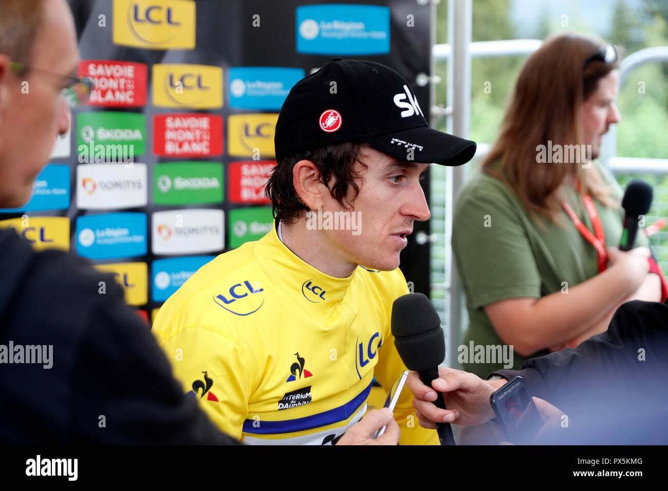 Criterio del Dauphine Libere corsa di ciclismo 2018. Geraint Thomas. Intervista. Saint Gervais Mont Blanc. La Francia. Foto Stock