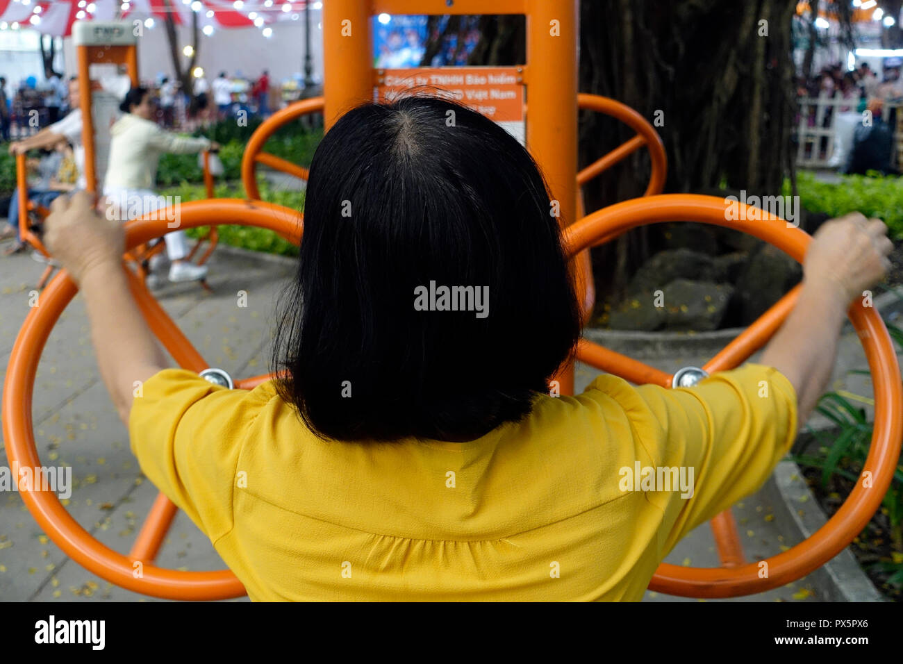 Una donna di mezza età utilizzando attrezzatura ginnica in un parco. Ho Chi Minh City. Il Vietnam. Foto Stock