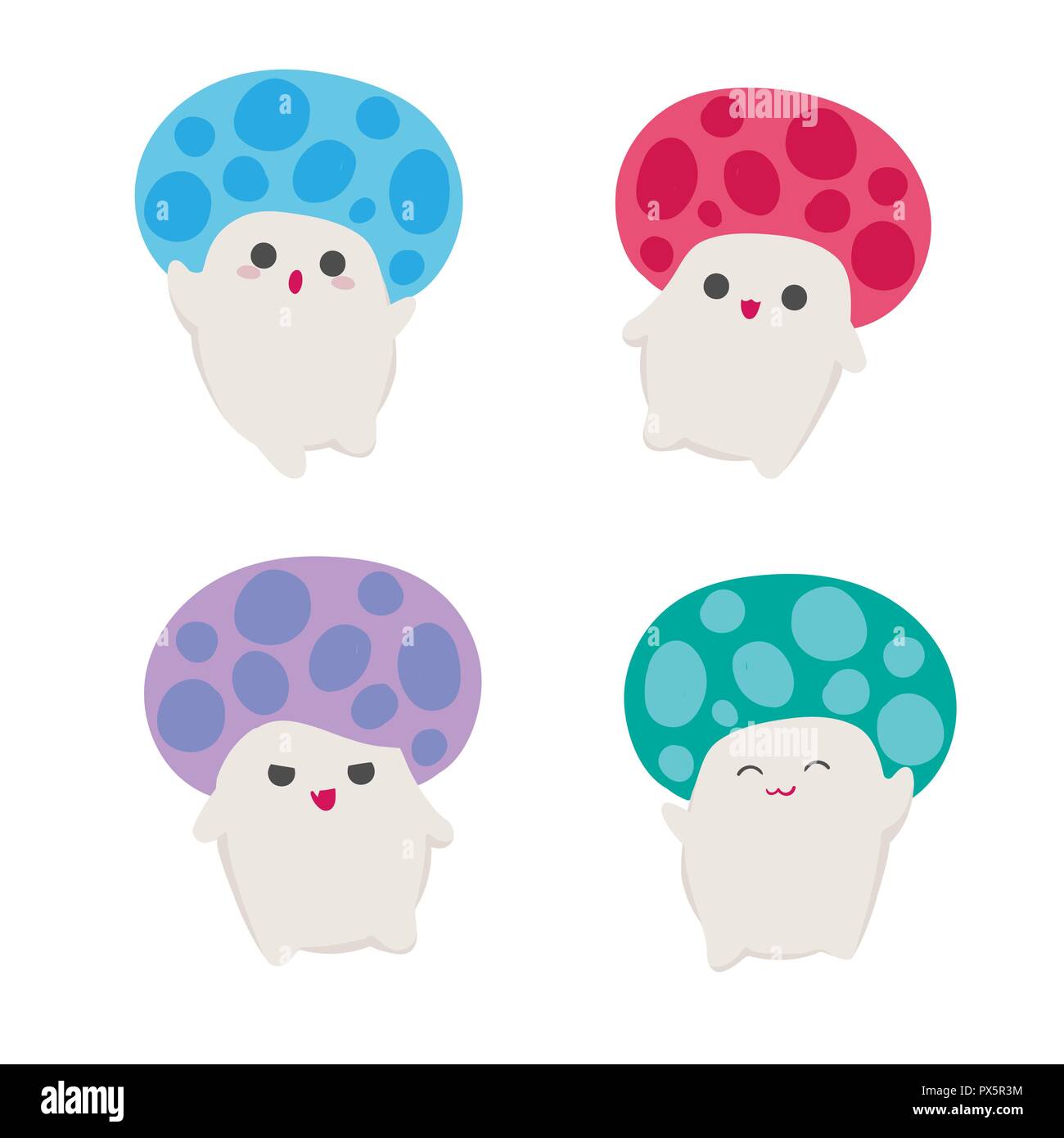 Kawaii funghi caratteri stile asiatico illustrazione vettoriale set o raccolta di simpatici i funghi commestibili con facce ed espressioni felici, arrabbiato, male, Illustrazione Vettoriale