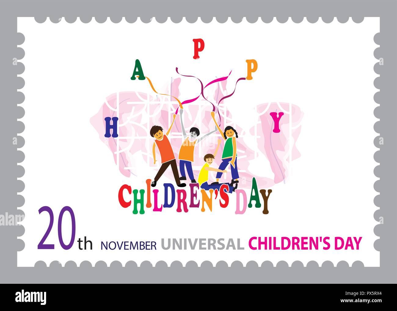 Giorno, Happy-Universal-bambini Day-Postel--stamp-tipo-vector-immagine. Illustrazione Vettoriale