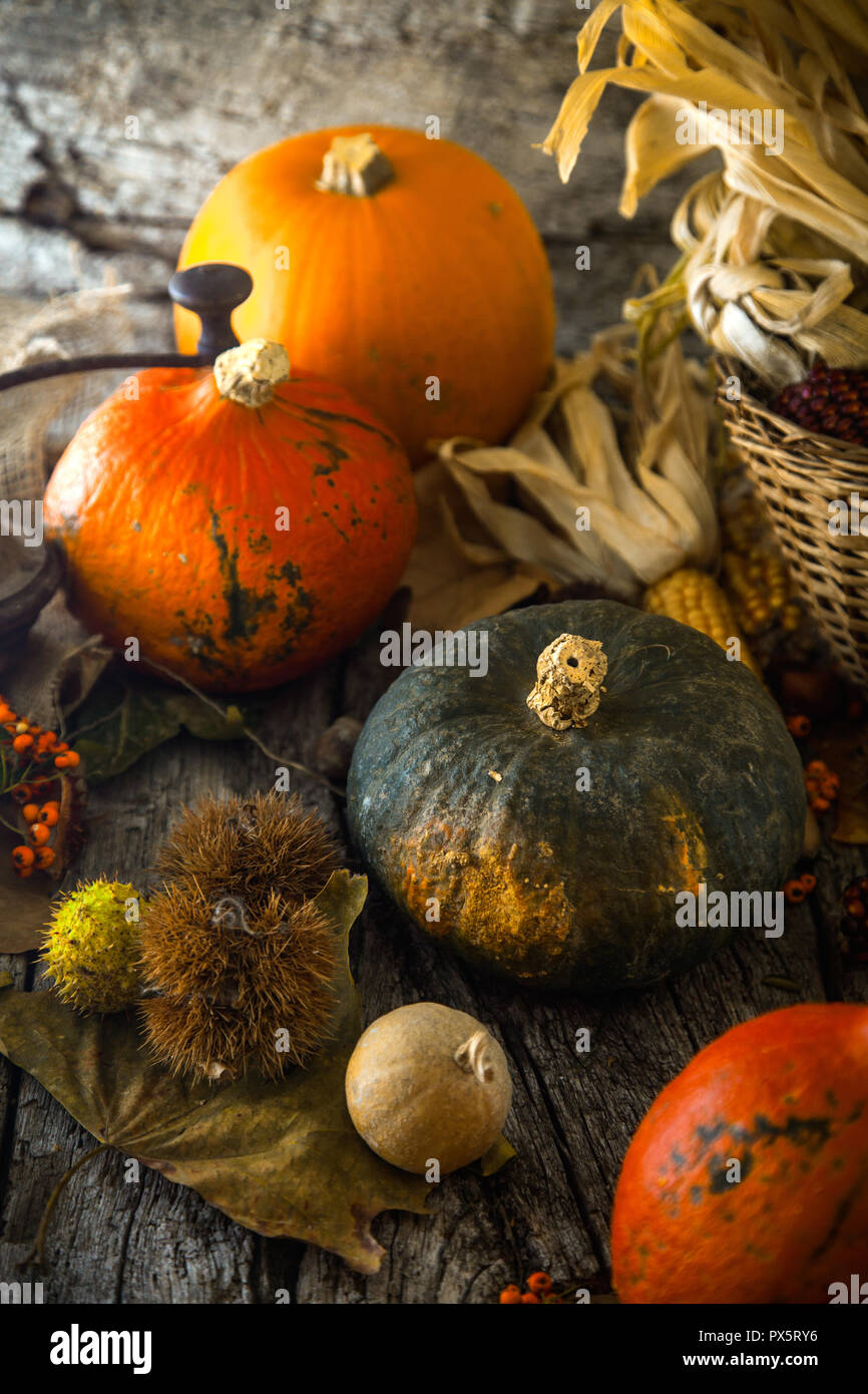 La Giornata del ringraziamento a cena. Autunno frutti con foglie. Ringraziamento autunno sfondo Foto Stock
