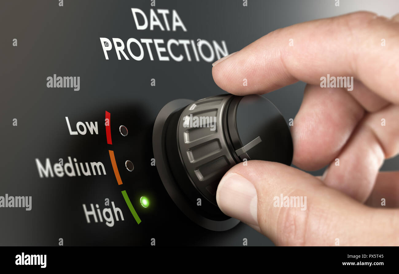 Concetto di sicurezza informatica. Uomo personale di commutazione del sistema di protezione dei dati per la posizione più alta. Foto Stock