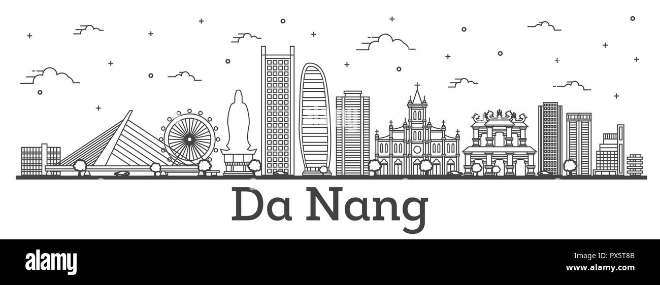 Delineare Da Nang Vietnam skyline della città con edifici storici isolati su bianco. Illustrazione Vettoriale. Da Nang Cityscape con punti di riferimento. Illustrazione Vettoriale