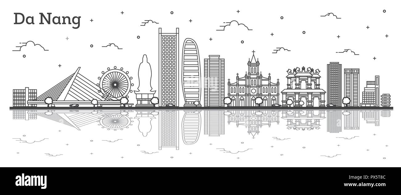 Delineare Da Nang Vietnam skyline della città con edifici storici e di riflessioni isolato su bianco. Illustrazione Vettoriale. Da Nang Cityscape con punti di riferimento. Illustrazione Vettoriale