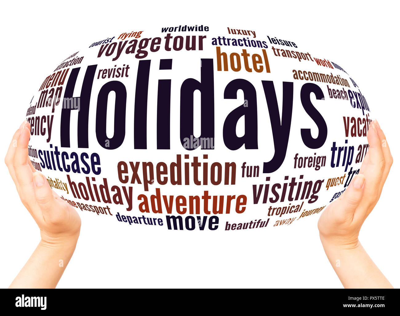 Vacanze a parola cloud sfera mano concetto su sfondo bianco. Foto Stock