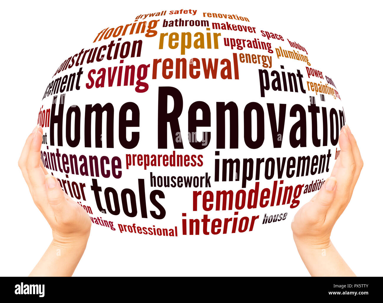 Home ristrutturazione word cloud mano sfera spherehand concetto su sfondo bianco. Foto Stock