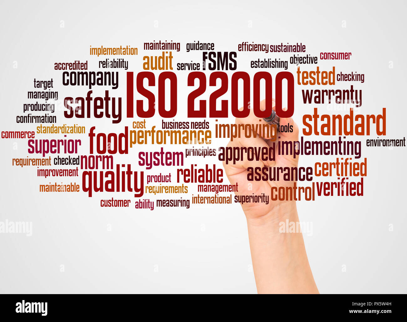 ISO 22000 - gestione della sicurezza alimentare, word cloud e la mano con il concetto di marcatore su sfondo bianco. Foto Stock