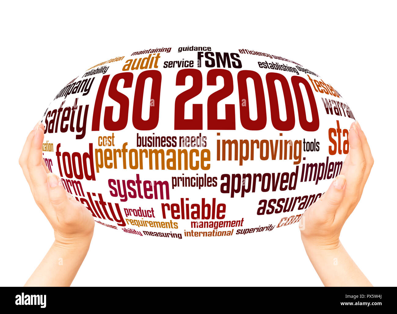 ISO 22000 - gestione della sicurezza alimentare, word cloud sfera mano concetto su sfondo bianco. Foto Stock