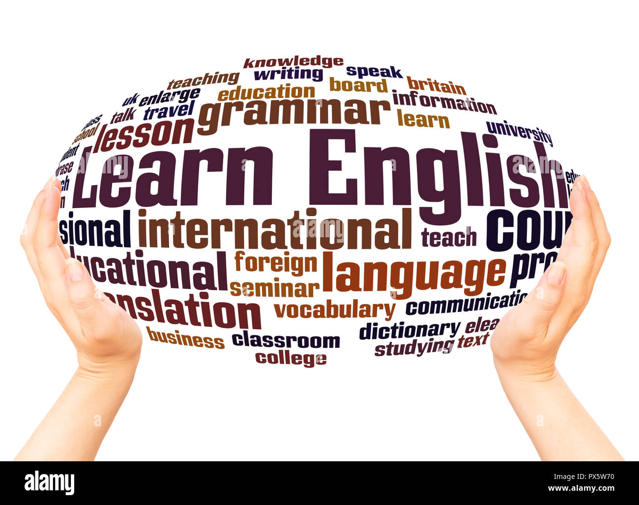 Impara Inglese word cloud sfera mano concetto su sfondo bianco. Foto Stock