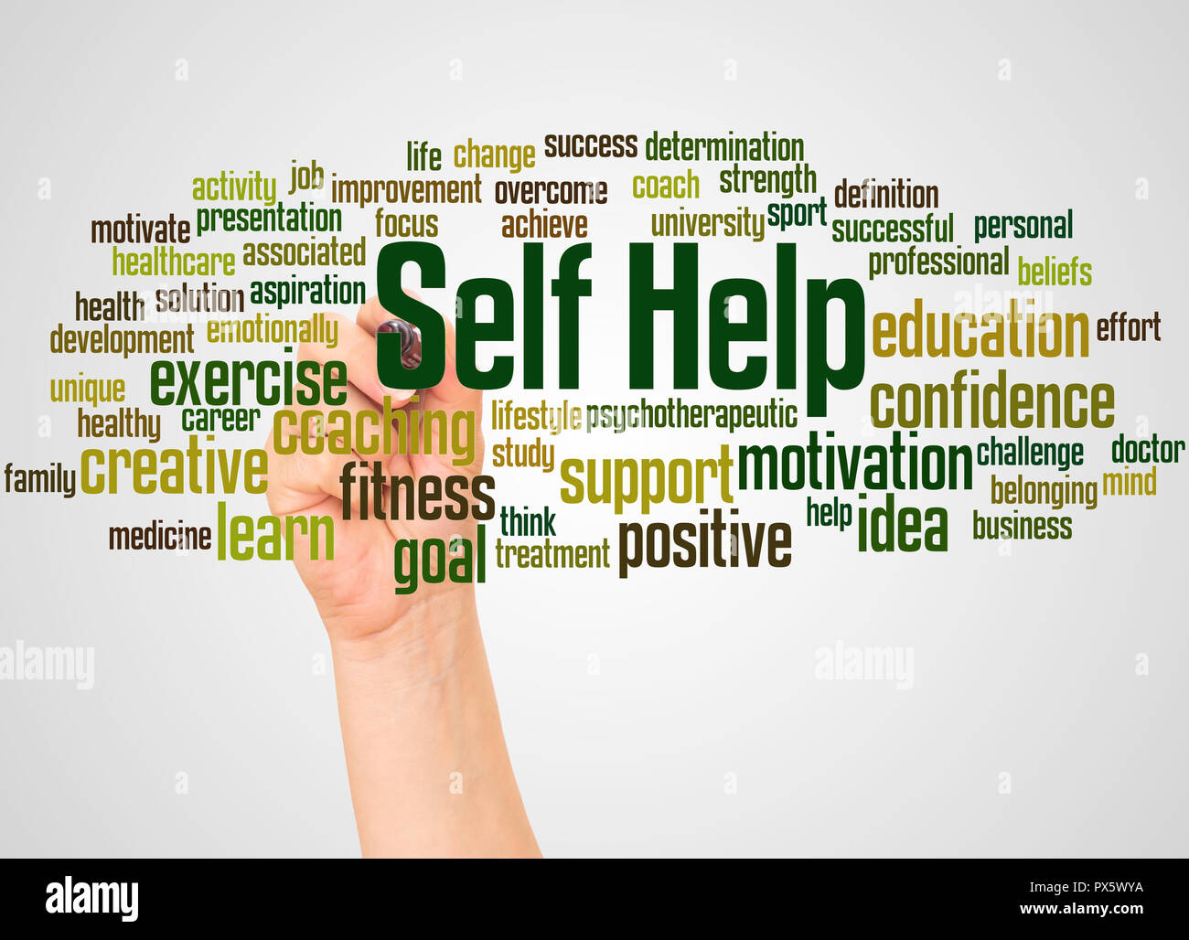 Self Help word cloud e la mano con il concetto di marcatore su sfondo bianco. Foto Stock Self Help word cloud e la mano con il concetto di marcatore su sfondo bianco. Foto Stock