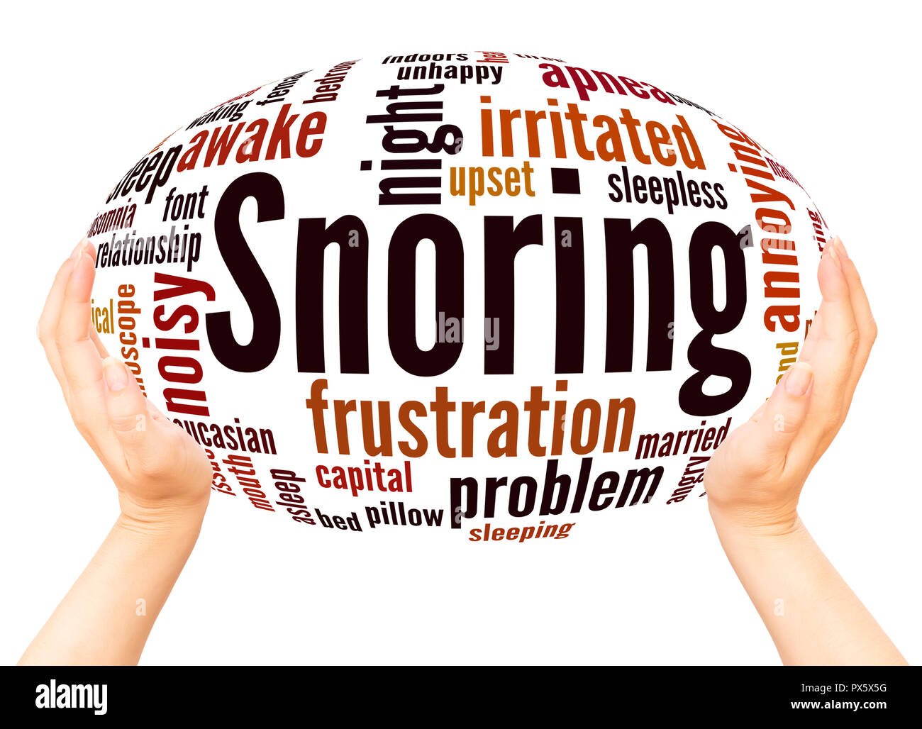 Il russamento word cloud sfera mano concetto su sfondo bianco. Foto Stock