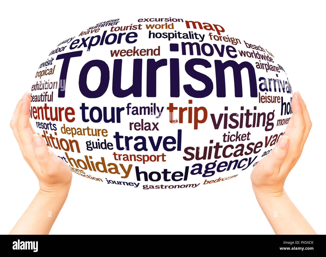 Turismo word cloud sfera mano concetto su sfondo bianco. Foto Stock