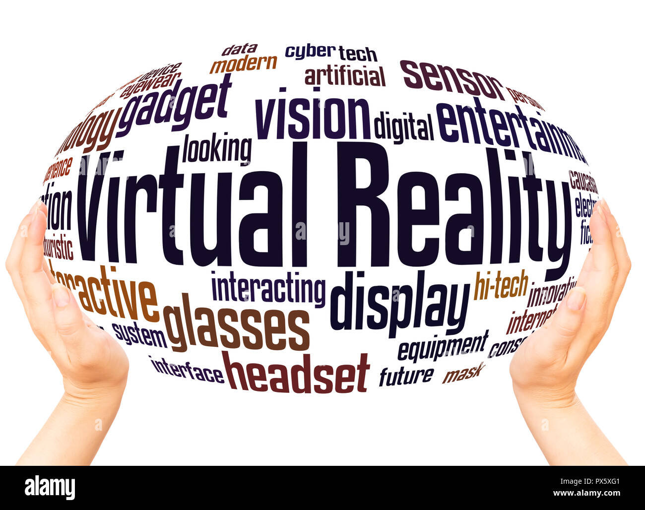 La realtà virtuale word cloud sfera mano concetto su sfondo bianco. Foto Stock