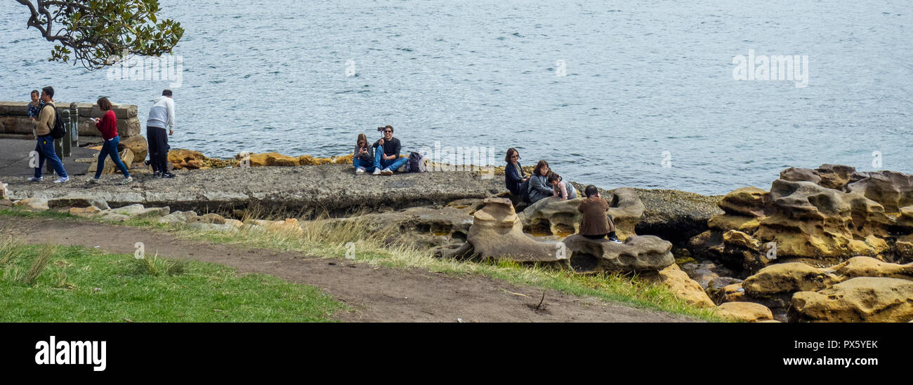 Turisti asiatici in posa per le fotografie su rocce di arenaria Farm Cove sul Porto di Sydney Sydney NSW Australia. Foto Stock