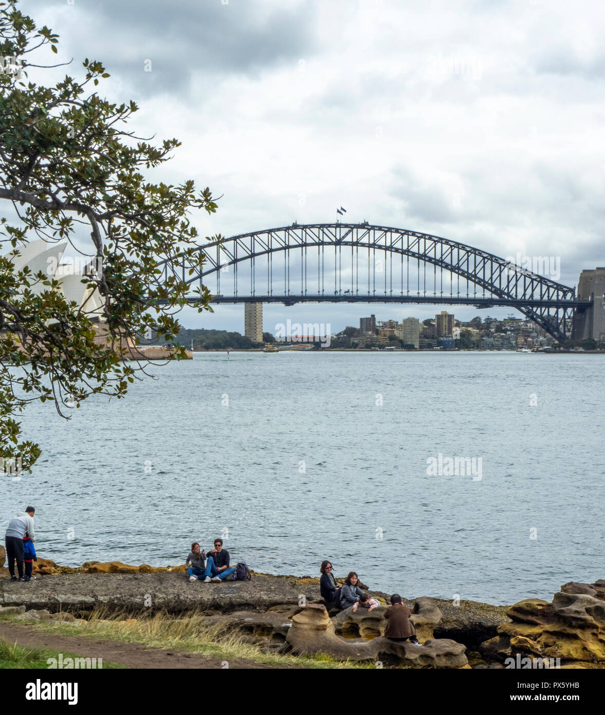 Turisti asiatici in posa per le fotografie su rocce di arenaria Farm Cove sul Porto di Sydney Sydney NSW Australia. Foto Stock