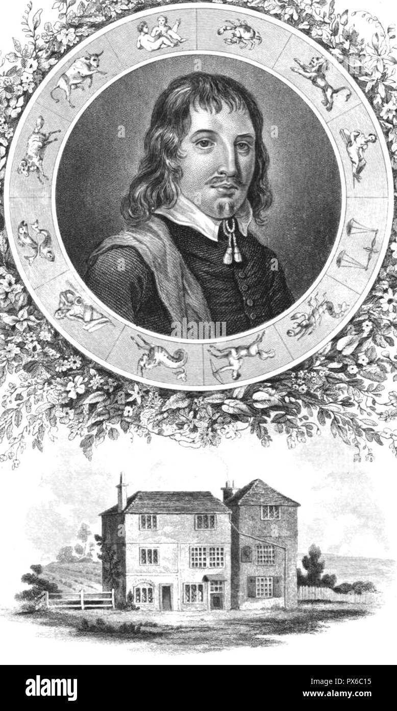 NICHOLAS CULPEPPER (1616-1654), botanico inglese, medico e astrologo. L'incisione che mostra la sua Red Lion house di Spitalfields vicino a Londra. Foto Stock