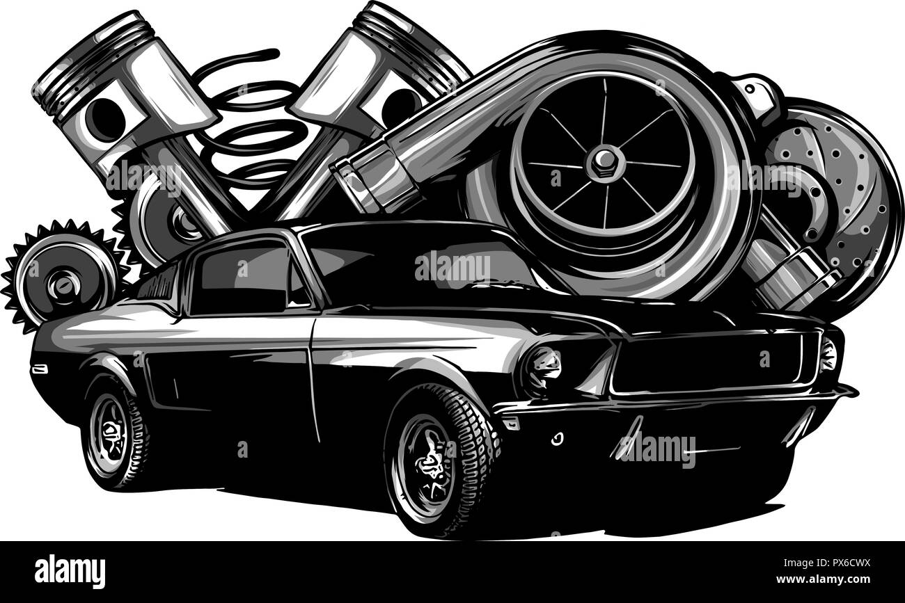 Auto d'epoca di raccolta dei componenti witn automobile motore sterzo pistone pneumatico della ruota fari cambio tachimetro ammortizzatore isolato illustrazione vettoriale Illustrazione Vettoriale