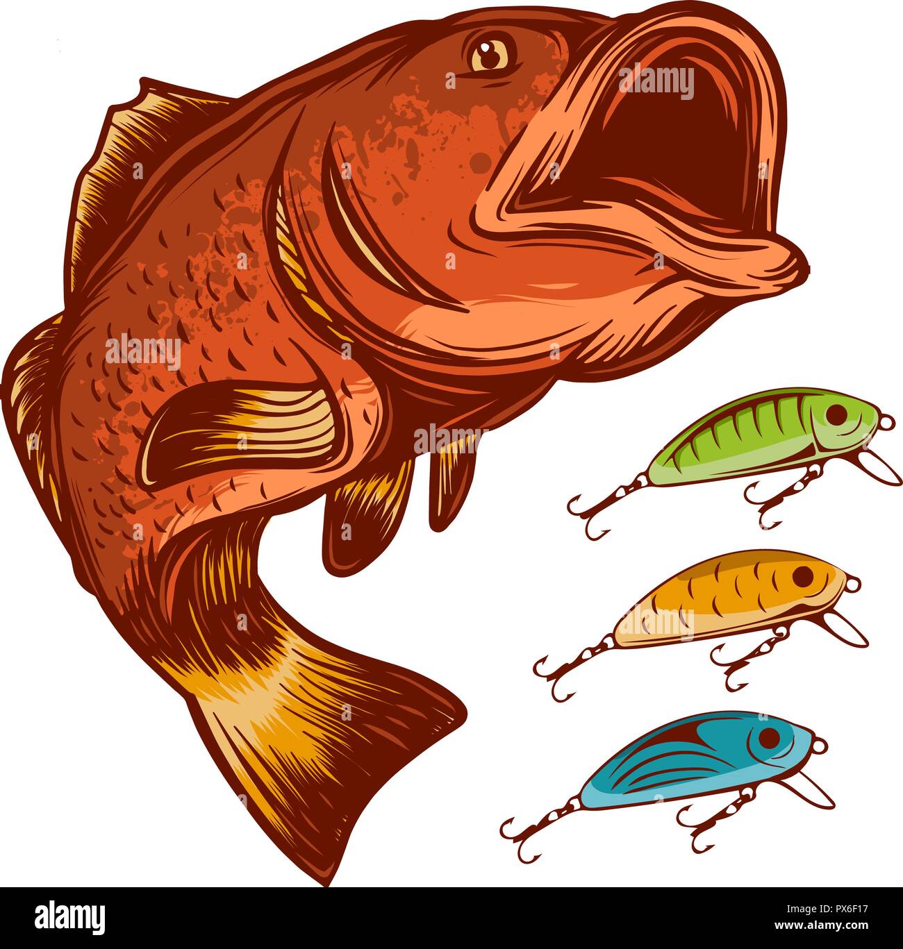 La pesca del pesce e del logo esche isolato su bianco illustrazione vettoriale Illustrazione Vettoriale