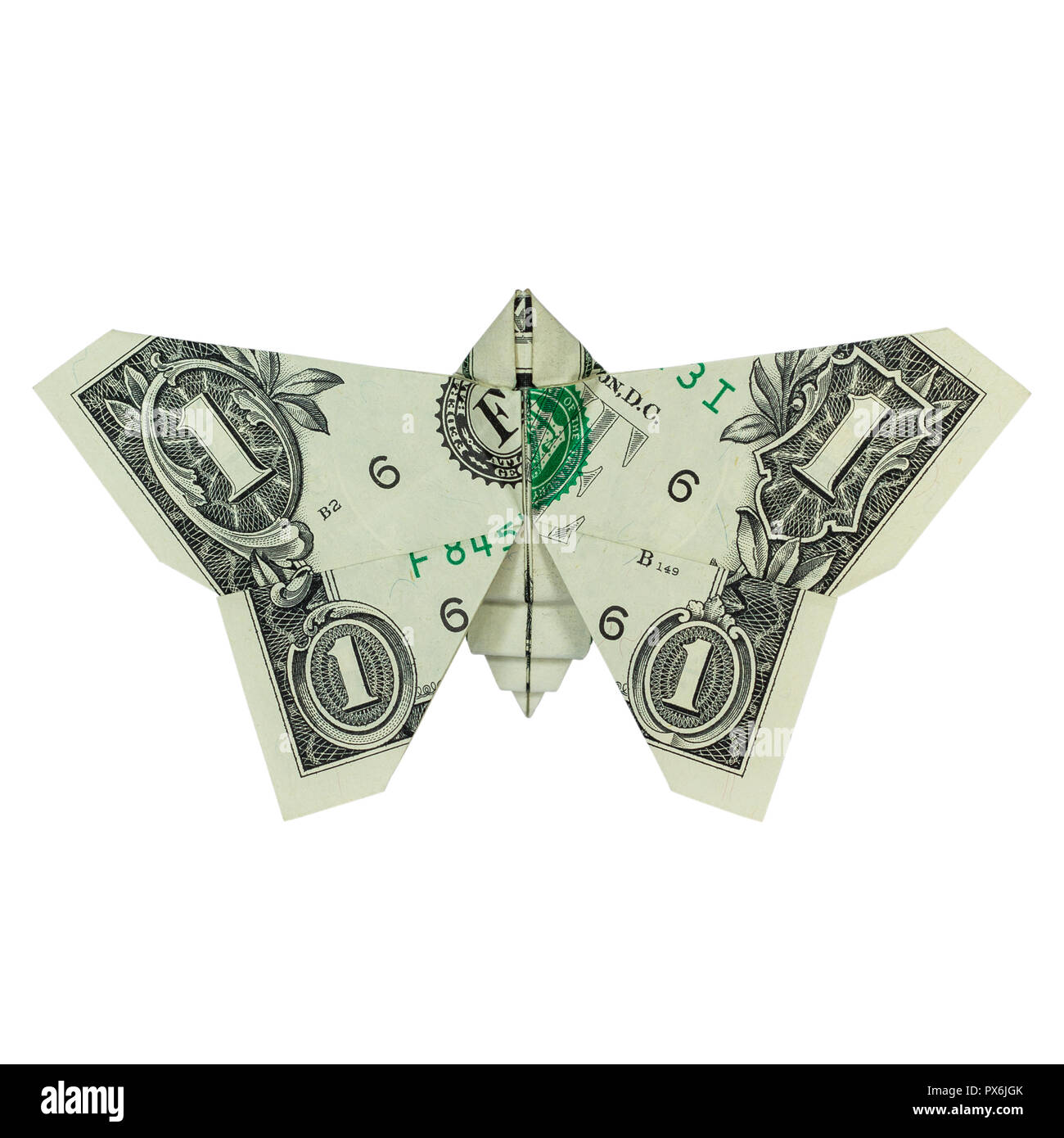 Soldi Origami farfalla insetto piegato con Real One Dollar Bill isolati su sfondo bianco Foto Stock