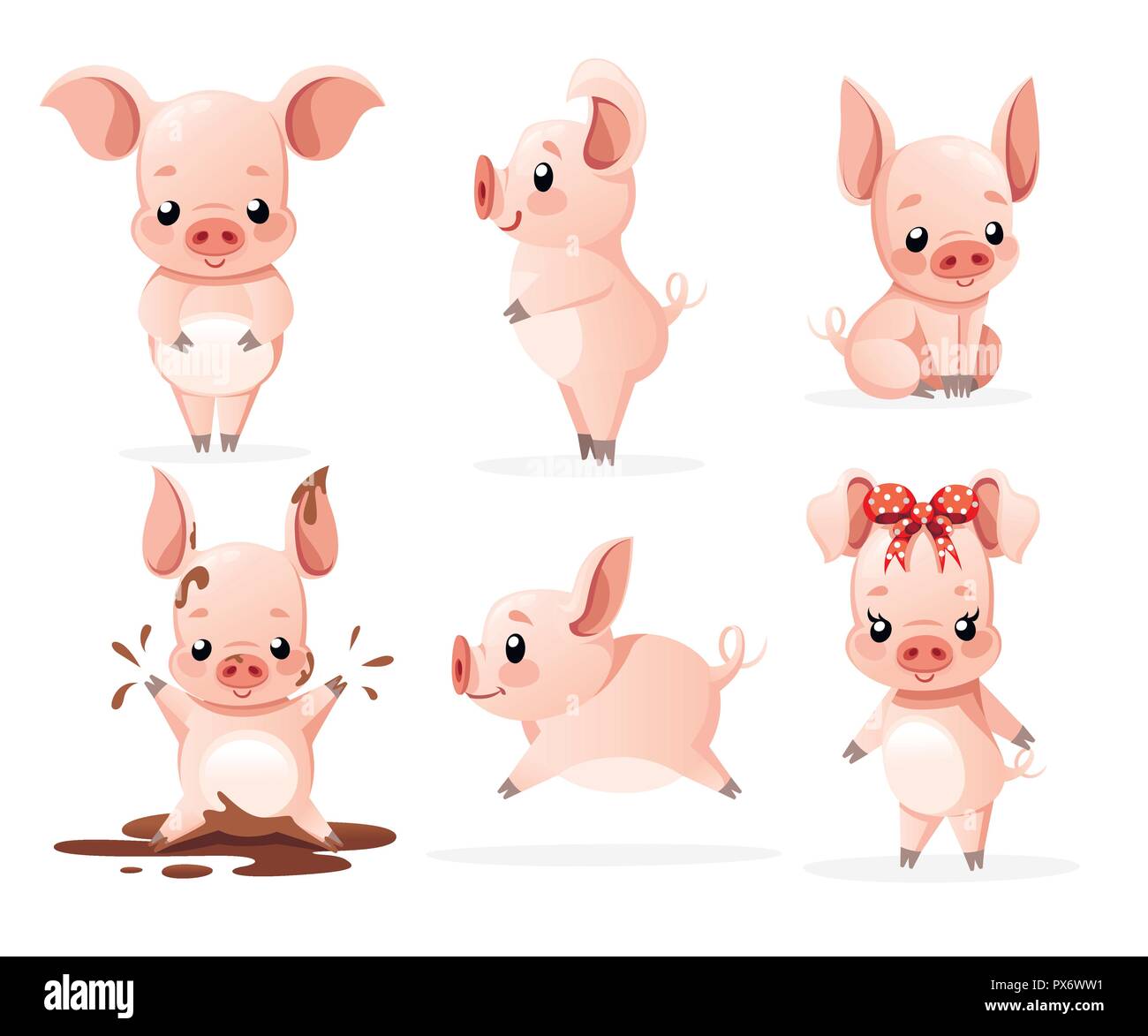 Carino raccolta di maiale. Cartoon character design. Little Pigs in diverse pose. Pulire e fango. Piatto illustrazione vettore isolato su sfondo bianco. Illustrazione Vettoriale