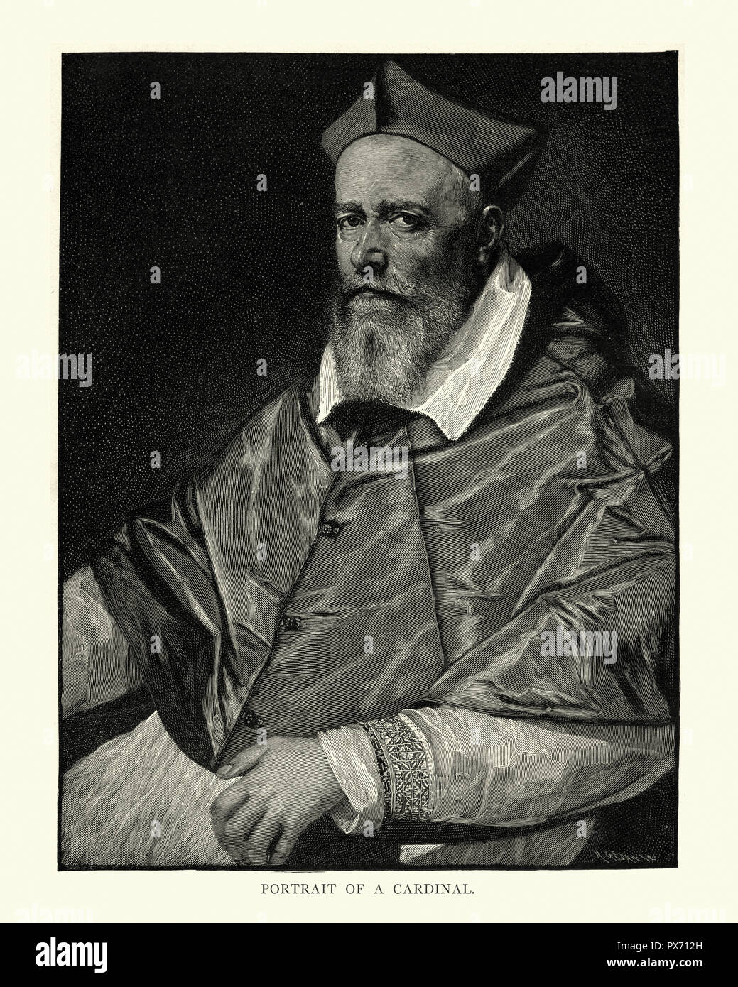 Vintage incisione di un ritratto del cardinale Scipione Pulzone, italiano del XVI secolo. Il cardinale Savelli. Giacomo Savelli, fu creato cardinale nel 1596 Foto Stock