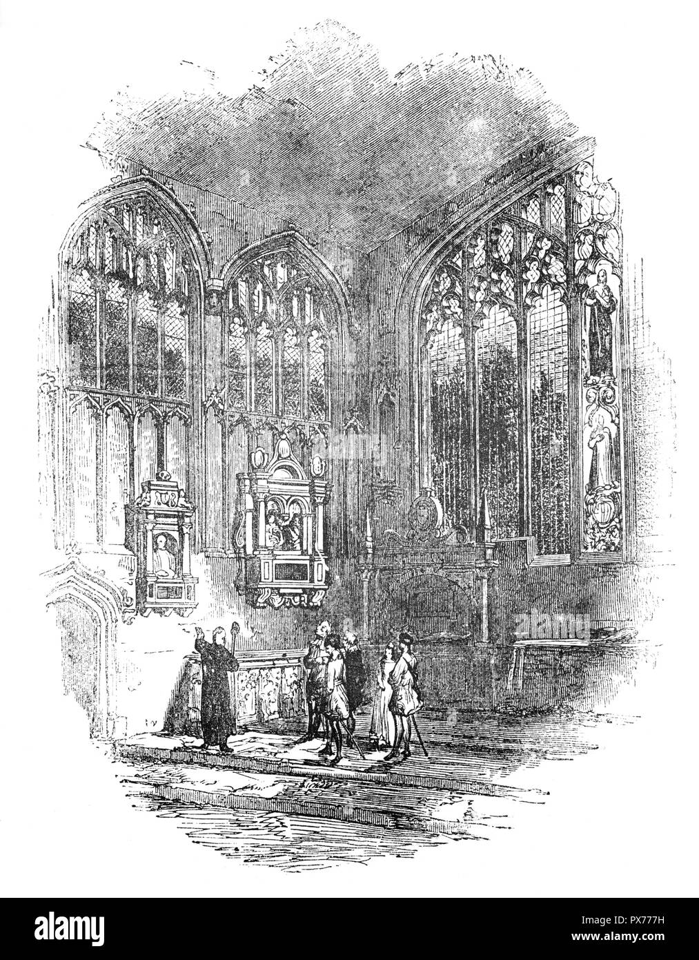 William Shakespeare fu sepolto nel coro della chiesa della Santa Trinità nel 1616 e la sua pietra tombale si trova accanto a quelle di altri membri della sua famiglia. La chiesa è anche noto come Shakespeare la Chiesa ha una splendida serie di 26 scolpiti misericord sedi nel presbiterio data da questo tempo. In tutti i tipi di cose, sia sacra e profana sono rappresentati da angeli e bestie mitiche di un uomo e di una donna combattimenti. Stratford-upon-Avon, Warwickshire, Inghilterra. Foto Stock