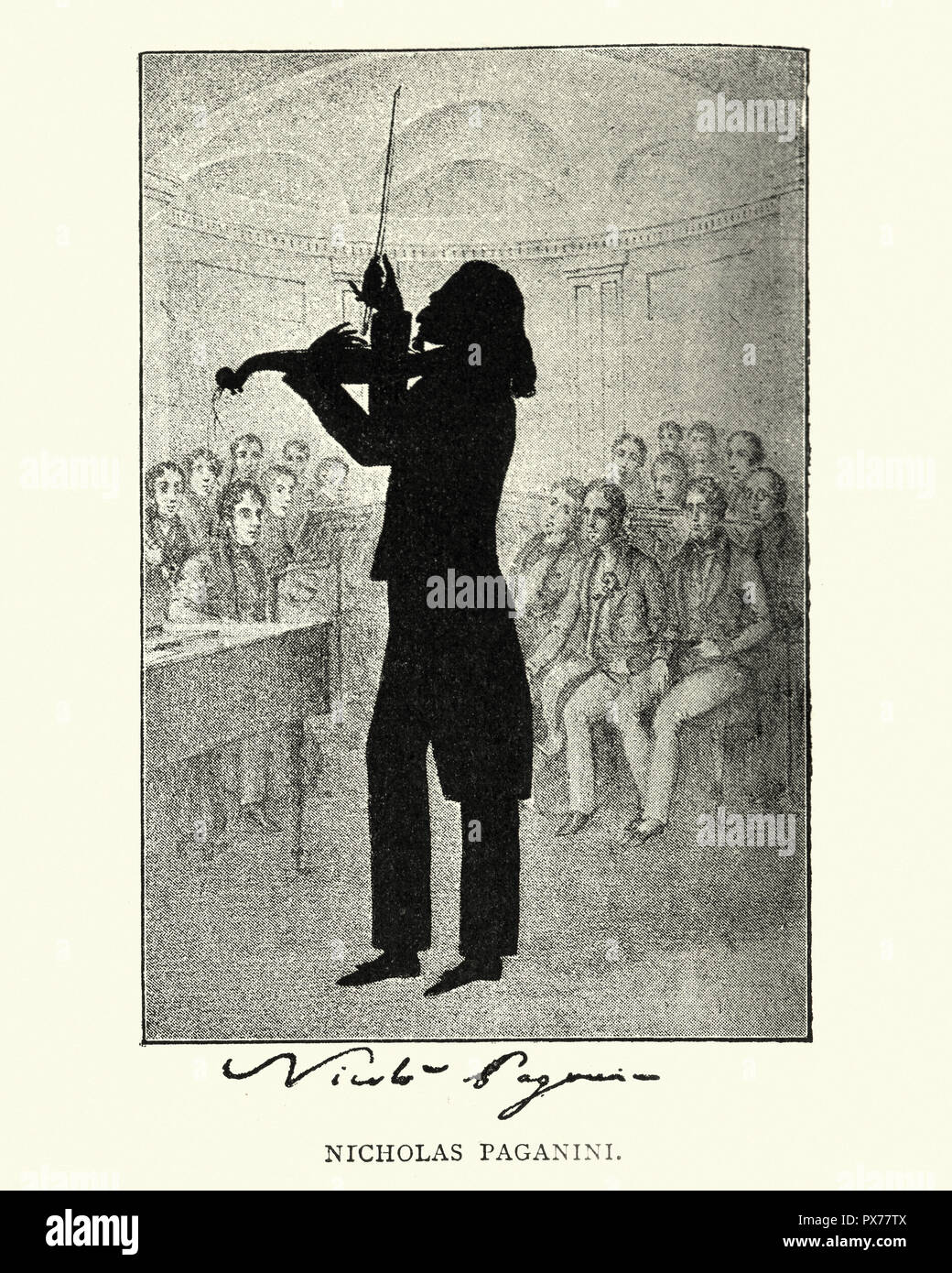 Vintage incisione di Silhouette Ritratto di Niccolò Paganini un violinista italiano, suonatore di viola, il chitarrista e compositore. da Auguste Edouart, xix secolo. Foto Stock