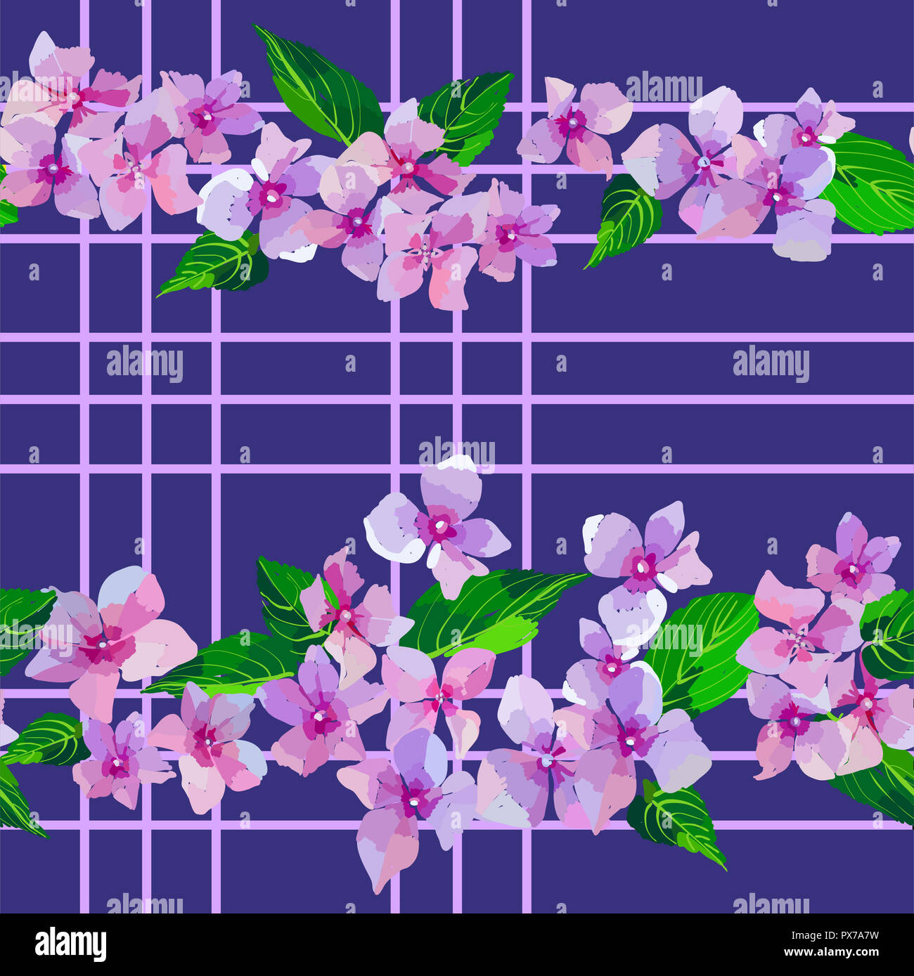 Lilla fiori selvatici seamless pattern. Piccoli fiori e foglie disegnati a mano. Illustrazione Vettoriale per i tessili, avvolgente, scrapbooking. Foto Stock