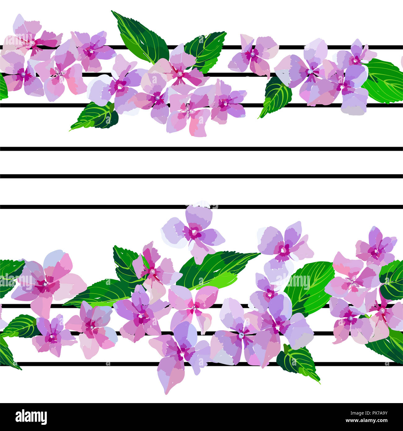 Lilla fiori selvatici seamless pattern. Piccoli fiori e foglie disegnati a mano. Illustrazione Vettoriale per i tessili, avvolgente, scrapbooking. Foto Stock